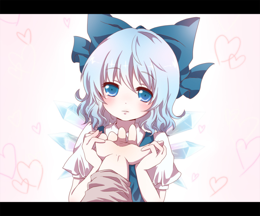 blue_eyes blue_hair cirno hands highres kuromame_(8gou) letterboxed pov short_hair solo touhou