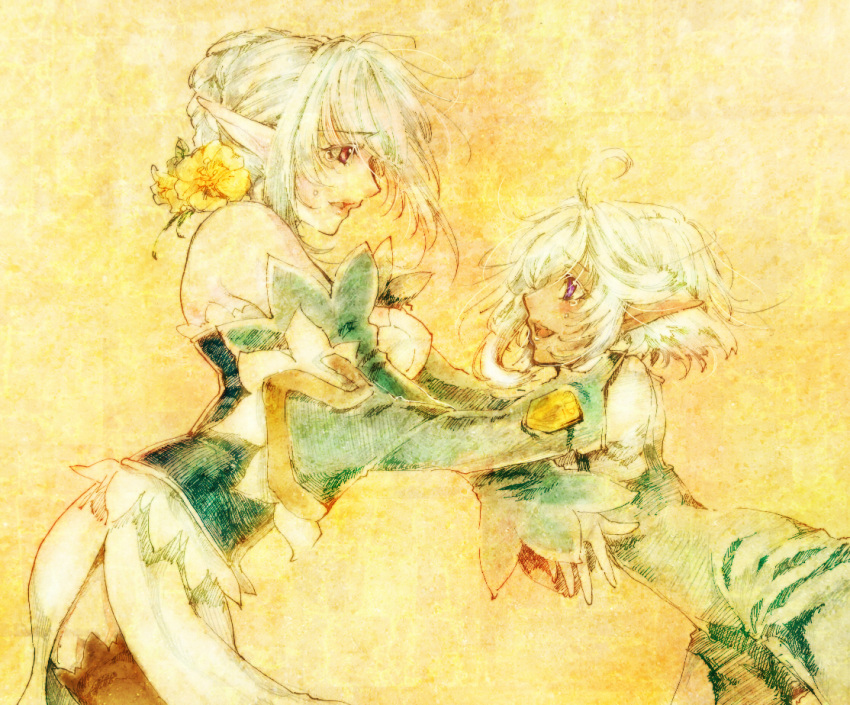 age_difference flower hair_flower hair_ornament mother_and_daughter pixiv_fantasia pixiv_fantasia_2 pointy_ears profile purple_eyes tamachi_kuwa tears violet_eyes white_hair