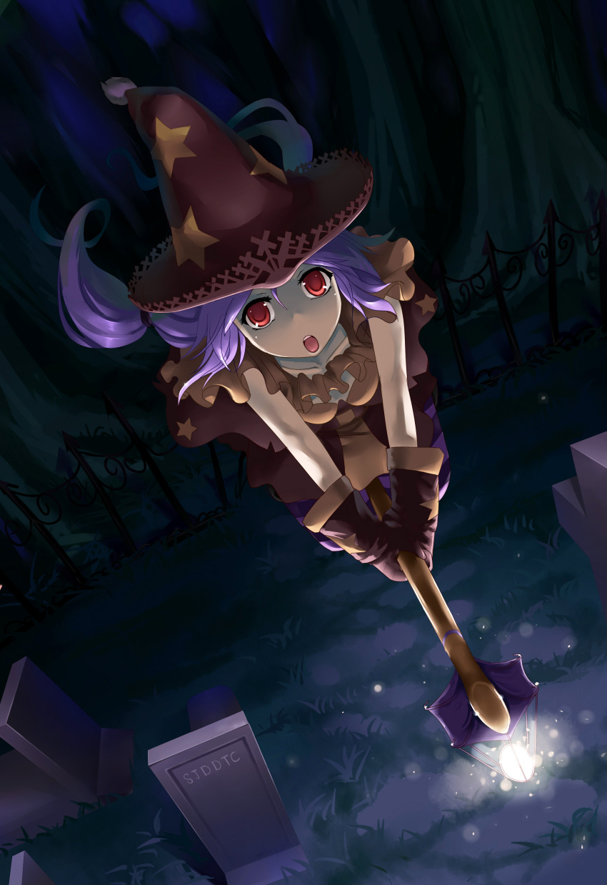 :o absurdres bad_id broom broom_riding fs-project gloves graveyard hat highres open_mouth original purple_hair red_eyes solo witch witch_hat