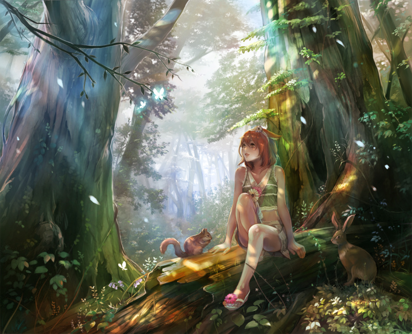 bad_id bare_legs bare_shoulders brown_hair bunny butterfly crop_top flower forest log nature open_mouth original rabbit sae_(revirth) sandals scenery scenic short_hair sitting skirt smile solo squirrel tree tree_shade