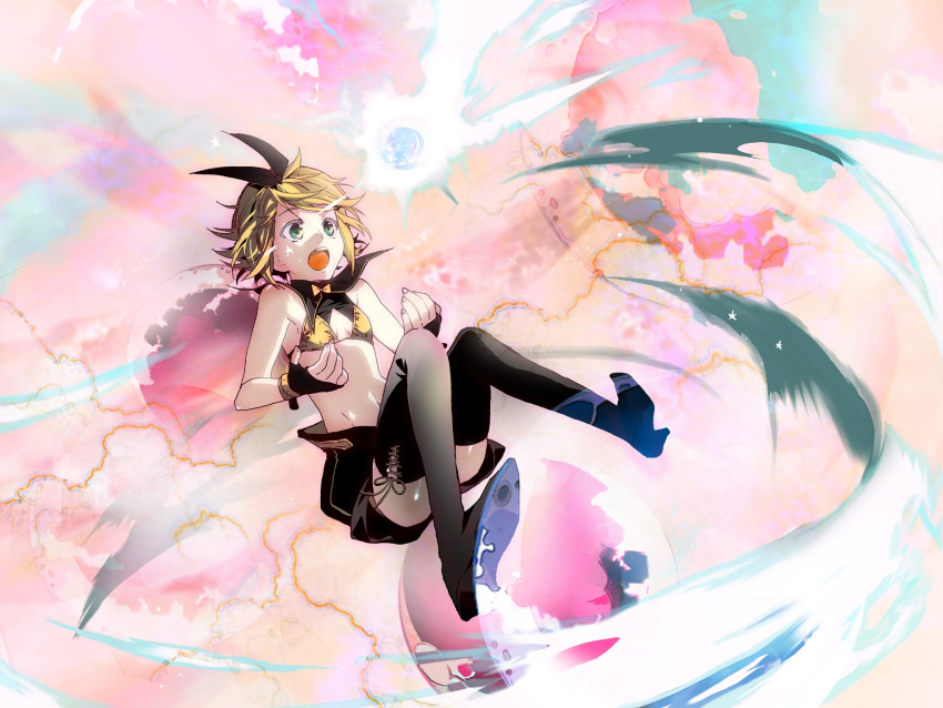 bare_shoulders bikini_top blonde_hair boots fingerless_gloves flat_chest gloves green_eyes hair_ribbon highres kagamine_rin navel open_mouth ribbon short_hair shorts solo swimsuit tamago_kakeouji thigh-highs thigh_boots thighhighs vocaloid
