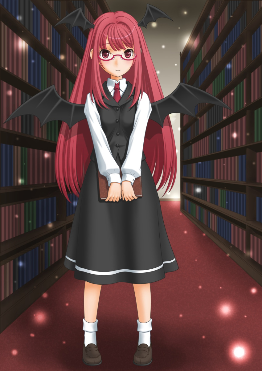 :3 bat_wings bespectacled blush book bookshelf buttons dress dress_shirt footwear glasses head_wings highres koakuma library loafers long_hair mary_janes necktie red-framed_glasses red_eyes red_hair redhead shirt shoes skirt socks solo standing t2r the_embodiment_of_scarlet_devil touhou v_arms very_long_hair vest voile white_legwear wings