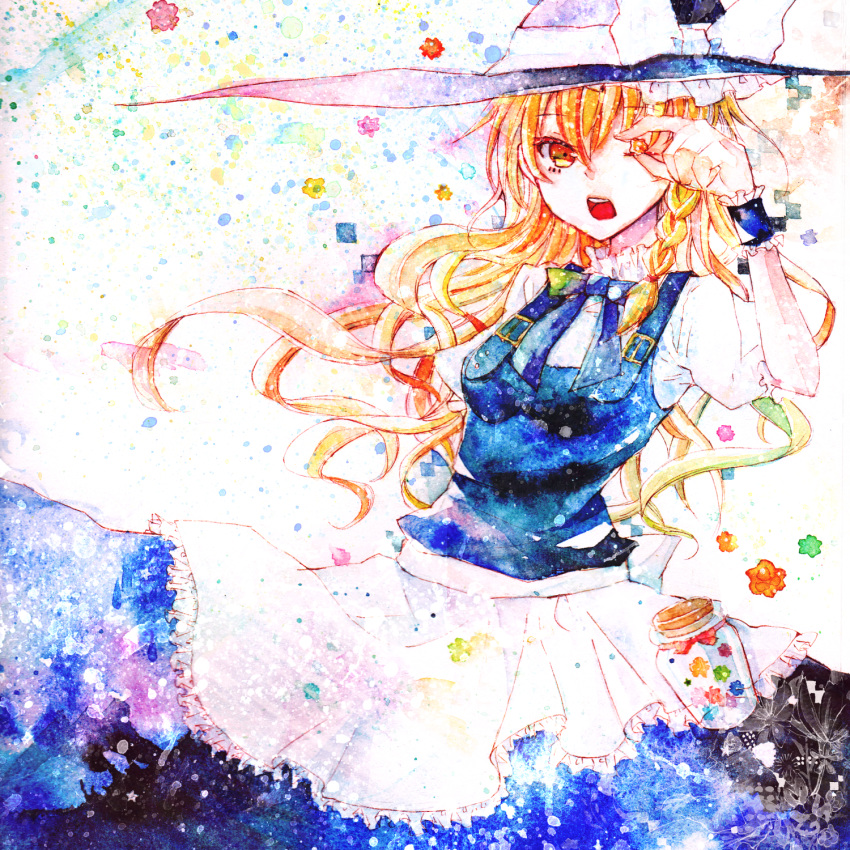 apron blonde_hair bottle candy hat highres kirisame_marisa konpeitou long_hair open_mouth shiratsuyu solo touhou traditional_media watercolor_(medium) yellow_eyes