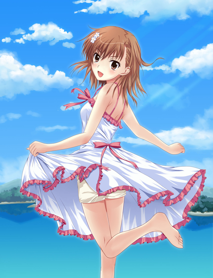 barefoot blush brown_hair cloud clouds dress error flower hair_flower hair_ornament highres kamiko_to_seiryoku looking_back misaka_mikoto open_mouth short_hair shorts skirt sky solo sundress to_aru_kagaku_no_railgun to_aru_majutsu_no_index white_dress