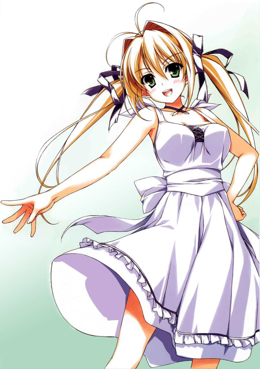 ahoge antenna_hair bare_shoulders blonde_hair breasts detexted dress frills green_eyes hair_ribbon hand_on_hip highres kamiyama_reika kourin_no_machi_lavender_no_shoujo large_breasts long_hair open_mouth outstretched_arm photoshop ribbon simple_background summer_dress sundress twintails white_dress yuuki_hagure
