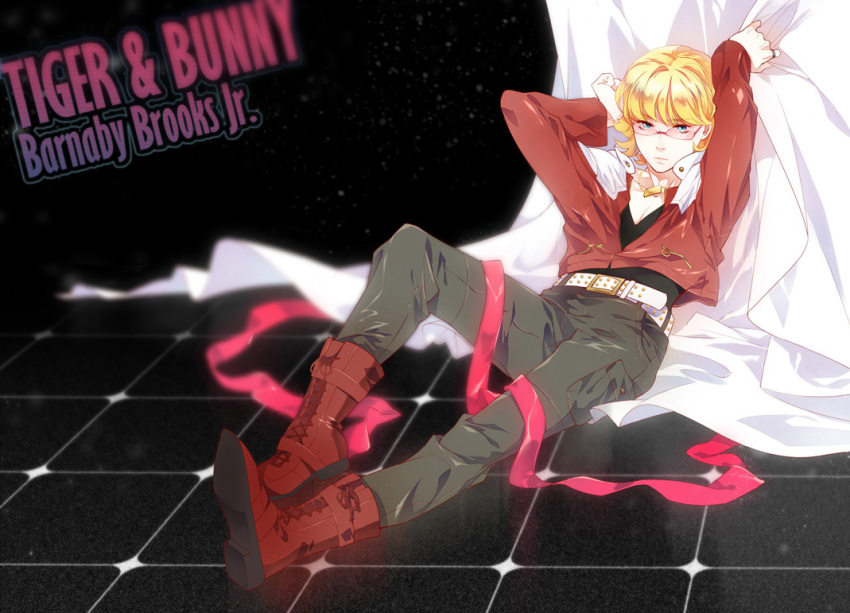 barnaby_brooks_jr belt blonde_hair boots curtains glasses jacket male red_jacket ribbon siruphial solo studded_belt tiger_&amp;_bunny