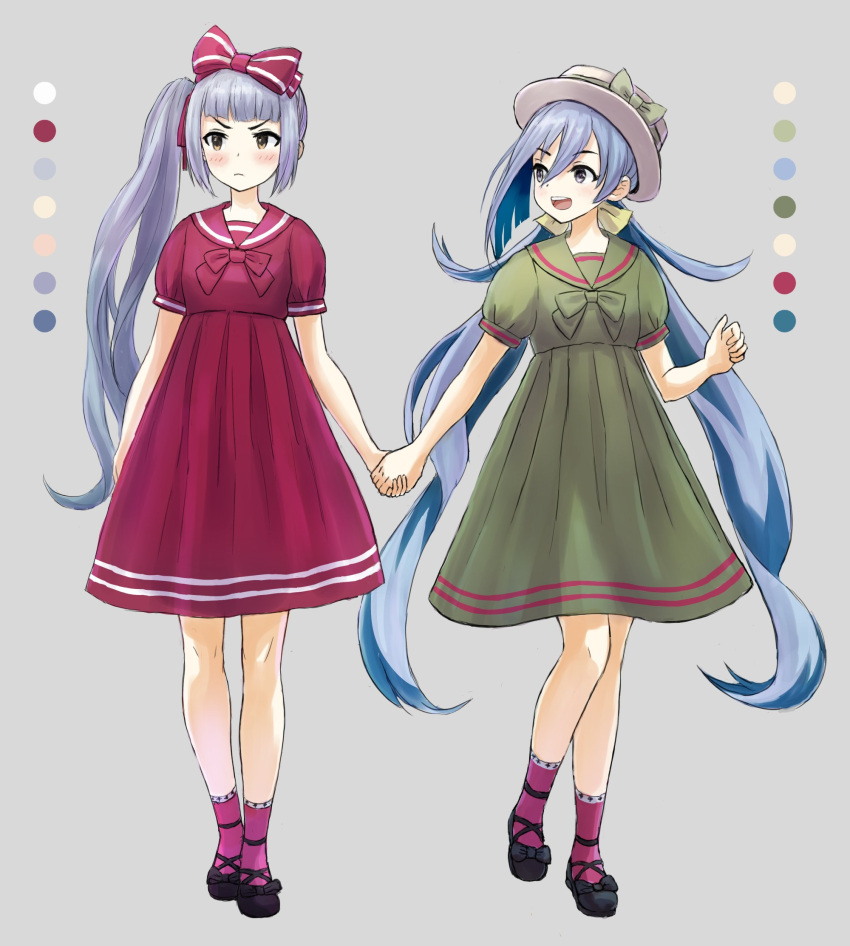 2girls :d alternate_costume black_footwear blue_hair blush bow brown_eyes commentary_request dress green_dress grey_background grey_eyes grey_hair hair_between_eyes hair_bow hand_holding hat highres kantai_collection karashi_(tou_gara_shi) kasumi_(kantai_collection) kiyoshimo_(kantai_collection) long_hair looking_at_viewer low_twintails mary_janes multicolored_hair multiple_girls open_mouth pink_bow pink_dress purple_legwear red_dress sailor_dress shoes short_sleeves side_ponytail simple_background smile socks twintails very_long_hair