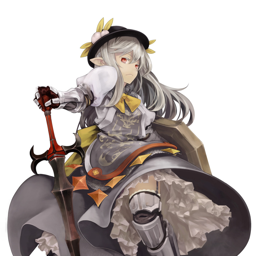 alternate_costume alternate_hair_color bow buront buront_(cosplay) cosplay elf final_fantasy final_fantasy_xi food frills fruit garter_straps grey_hair hat highres hinanawi_tenshi long_hair paladin peach pointy_ears red_eyes shield simple_background skirt solo sword touhou weapon yunar