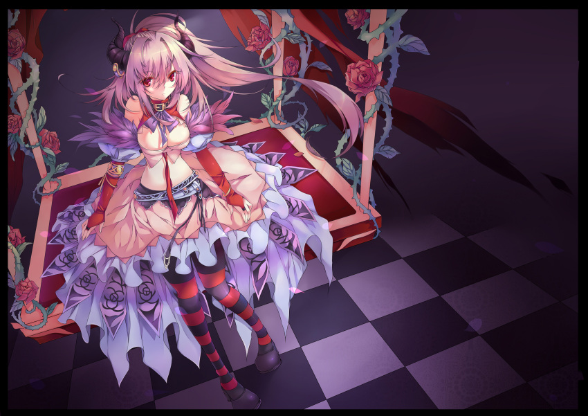 bare_shoulders breasts bridal_gauntlets checkered checkered_floor cleavage colored_eyelashes demon_girl detached_sleeves expressionless flower frills highres horns liy093275411 midriff original pantyhose pink_hair ponytail red_eyes red_rose rose skirt solo striped striped_legwear thorns