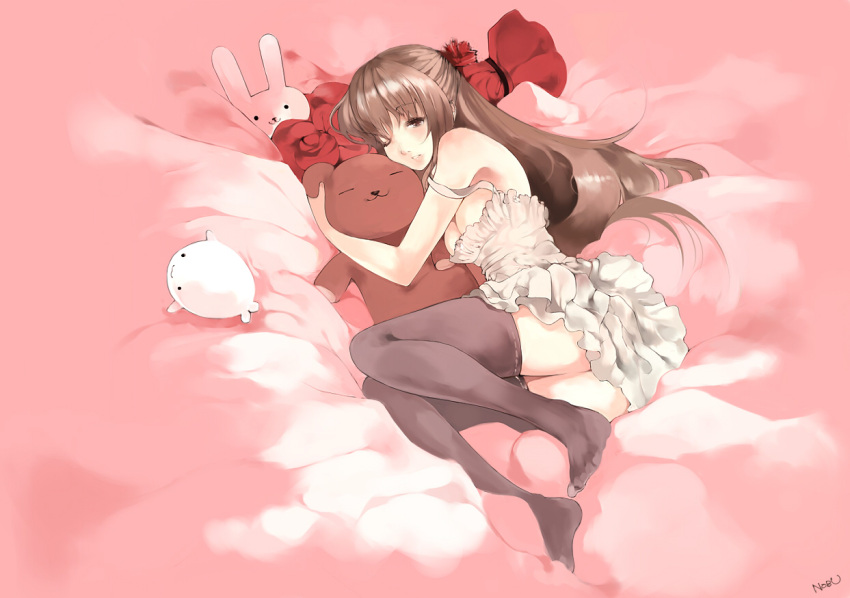 dress long_hair lying nobusnow original solo stuffed_toy thigh-highs thighhighs zettai_ryouiki