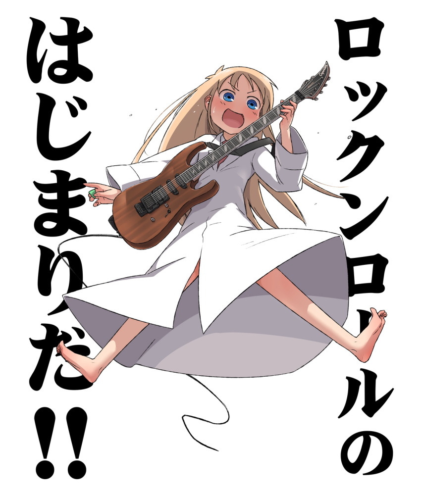 bad_id barefoot blonde_hair blue_eyes child electric_guitar feet guitar guitar_pick hakase_(nichijou) highres instrument jumping labcoat morimiya_(artist) morimiya_masayuki necktie nichijou open_mouth plectrum professor_shinonome simple_background smile translated white white_background