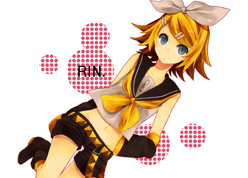 :o aqua_eyes bare_shoulders blonde_hair detached_sleeves hair_ornament hair_ribbon hairclip haru_(oomr005) highres kagamine_rin kneeling navel ribbon sailor_collar short_hair shorts solo vocaloid