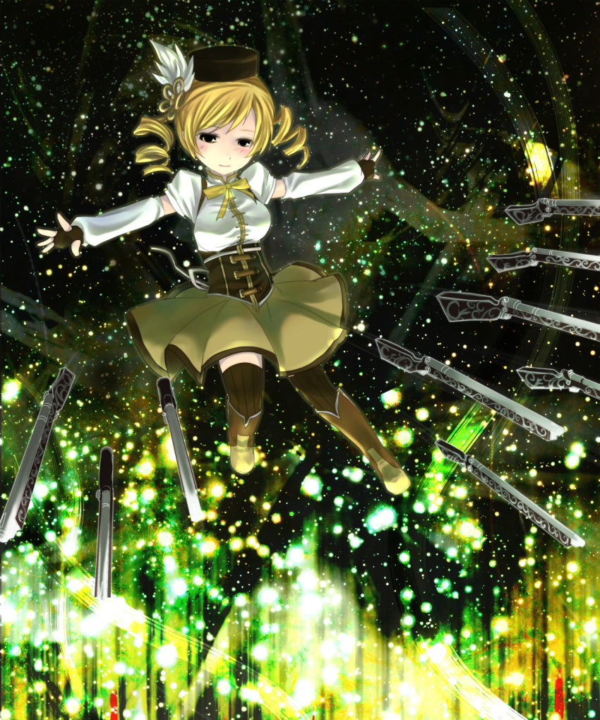 beret birman_h blonde_hair boots breasts brown_legwear corset detached_sleeves drill_hair fingerless_gloves gate_of_babylon gloves gun hair_ornament hairpin hat highres large_breasts light_particles magical_girl magical_musket mahou_shoujo_madoka_magica outstretched_arms pleated_skirt puffy_sleeves ribbon rifle skirt solo taut_shirt thigh-highs thighhighs tomoe_mami twin_drills vertical-striped_legwear vertical_stripes weapon yellow_eyes zettai_ryouiki