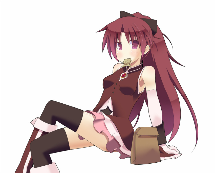 1girl arm_support bag black_legwear boots bow crossed_legs dress elbow_gloves food food_in_mouth gloves hair_bow hair_ornament hujikok jewelry knee_boots long_hair looking_at_viewer magical_girl mahou_shoujo_madoka_magica mouth_hold paper_bag pleated_skirt ponytail red_eyes red_hair sakura_kyouko simple_background sitting skirt sleeveless sleeveless_dress solo soul_gem taiyaki thighhighs wagashi white_background wristband zettai_ryouiki