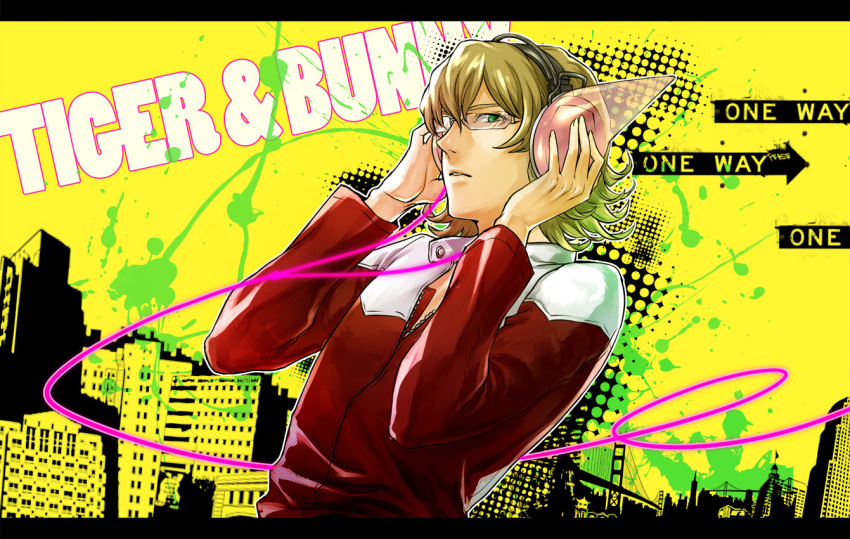 barnaby_brooks_jr blonde_hair cityscape glasses green_eyes headphones jacket letterboxed male red_jacket solo street_signs tiger_&amp;_bunny ymsr