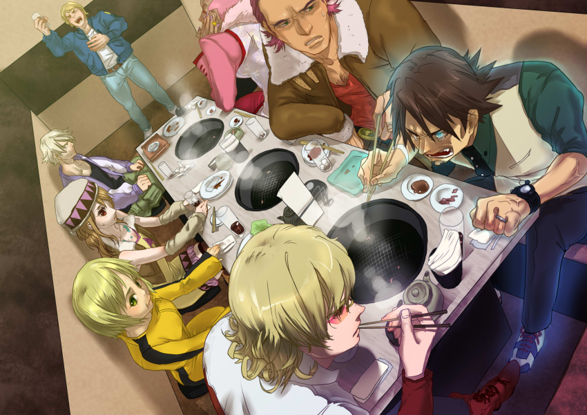 bare_shoulders barnaby_brooks_jr beer blonde_hair blue_eyes blue_jacket blue_rose_(tiger_&amp;_bunny) bomber_jacket brown_eyes brown_hair bruce_lee's_jumpsuit cabbie_hat chest_hair cropped_jacket dark_skin detached_sleeves dragon_kid earrings eating everyone facial_hair fingernails fire_emblem_(tiger_&amp;_bunny) fur_trim glasses glowing glowing_eyes green_eyes hat hellclean highres hotpot huang_baoling ivan_karelin jacket jewelry jumpsuit kaburagi_t_kotetsu karina_lyle keith_goodman letterman_jacket male nathan_seymore nathan_seymour necklace necktie origami origami_cyclone paolin_huan paper_crane pink_hair purple_jacket red_hair red_jacket redhead ring rock_bison short_hair short_jacket sky_high stubble tears tiger_&amp;_bunny v-neck vest waistcoat watch wedding_band wedding_ring wild_tiger wristwatch