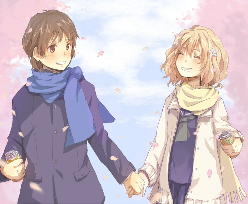 1girl can couple hanasaku_iroha hand_holding holding_hands matsumae_ohana scarf school_uniform tanemura_kouichi zuoweisaib