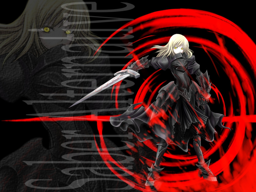 armor armored_dress blonde blonde_hair dark_excalibur dark_persona dress fate/hollow_ataraxia fate/stay_night fate_(series) faulds gauntlets painfultree saber saber_alter solo yellow_eyes zoom_layer