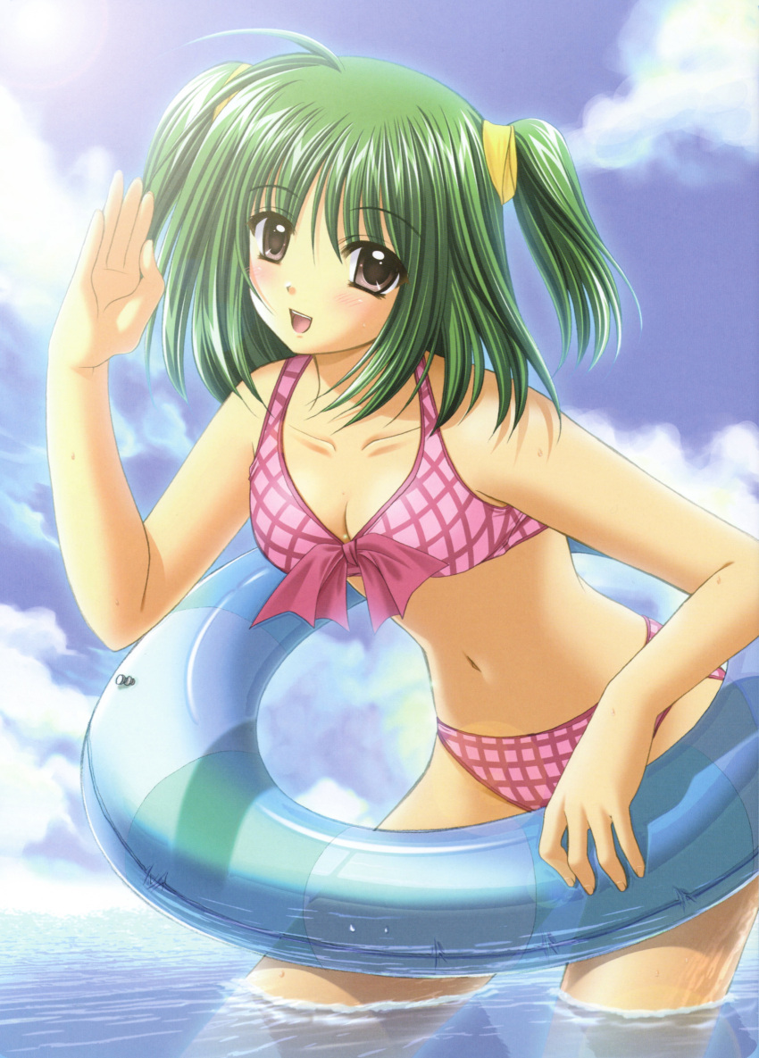 1girl :d absurdres bikini breasts cleavage clouds green_hair highres innertube lovely_idol nekoya_miu nishimata_aoi ocean open_mouth short_hair sky smile solo swimsuit twintails violet_eyes water