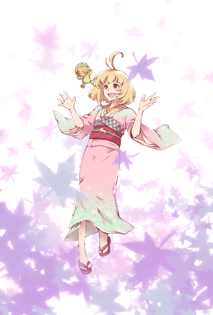 ao_no_exorcist arms_up blonde_hair green_eyes highres japanese_clothes kimono leaf moriyama_shiemi natsukichi nii_(ao_no_exorcist) open_mouth sandals short_hair smile tabi tossing