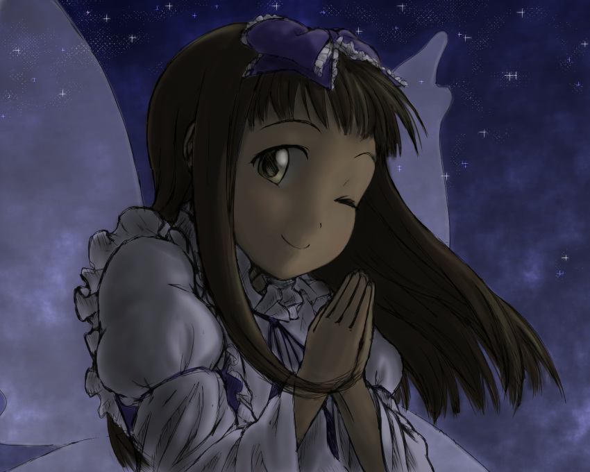 bow brown_hair hair_bow highres night night_sky praying sky smile solo star_(sky) star_sapphire starry_sky tomato-pizza touhou wings wink