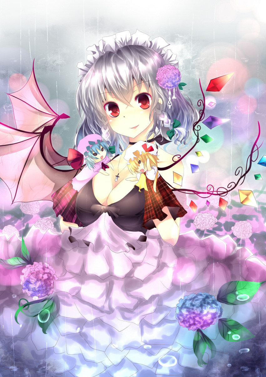 alternate_costume bare_shoulders blonde_hair blue_hair bow braid breasts chibi cleavage dress flandre_scarlet flower hair_bow hair_flower hair_ornament highres hydrangea izayoi_sakuya jewelry maid_headdress necklace puppet rain red_eyes remilia_scarlet short_hair silver_hair solo the_embodiment_of_scarlet_devil touhou twin_braids water_drop wings xe-cox
