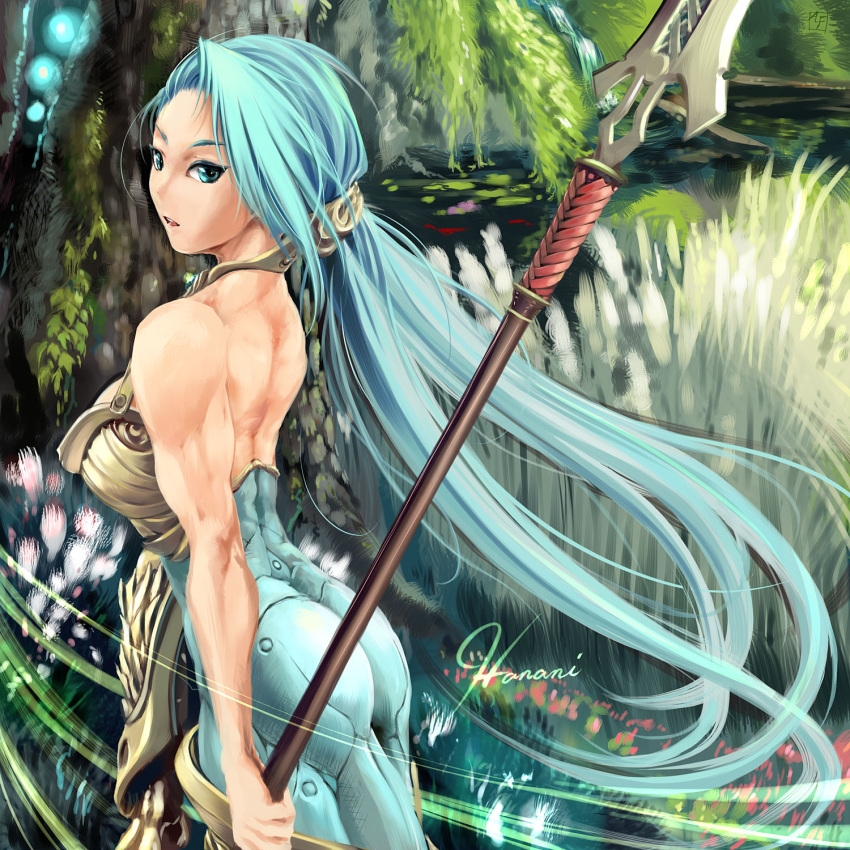 ass backless blue_eyes blue_hair bodysuit exalted forest highres long_hair looking_back muscle nature polearm spear very_long_hair weapon