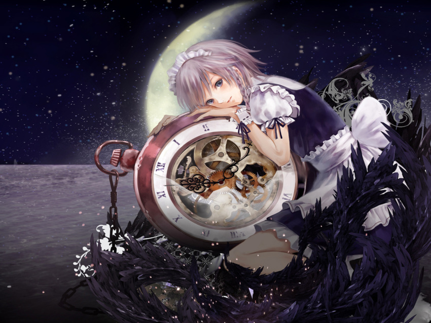 feathers gray_eyes izayoi_sakuya jpeg_artifacts maid moon night touhou white_hair