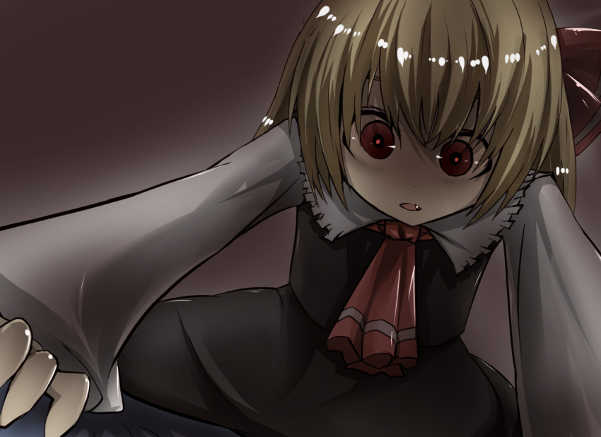 blonde_hair bow commentary commentary_request dress fang frpjx283 gaoo_(frpjx283) glowing glowing_eyes hair_bow necktie open_mouth red_eyes rumia solo the_embodiment_of_scarlet_devil touhou you_gonna_get_raped youkai