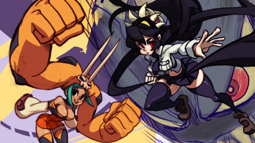 absurdres alex_ahad armor armored_twintails black_eyes black_hair black_legwear breasts cerebella_(skullgirls) cleavage dark_skin extra_mouth eyes fiftf filia_(skullgirls) futakuchi-onna green_hair highres living_clothes long_hair long_sleeves multiple_girls navel official_art prehensile_hair red_eyes samson_(skullgirls) skirt skullgirls tan teeth thigh-highs thighhighs twintails vice-versa_(skullgirls)