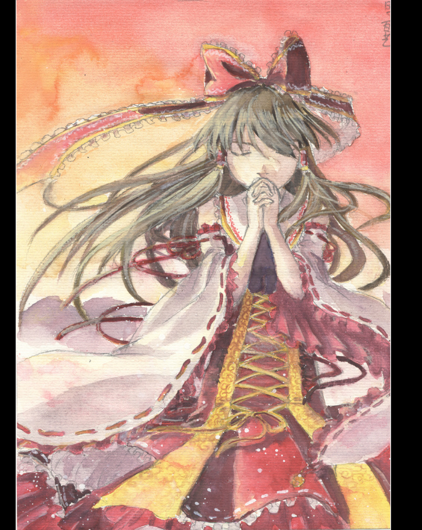 bad_id bow brown_hair closed_eyes embellished_costume eyes_closed floating_hair frilled_sleeves frills graphite_(medium) hair_bow hakurei_reimu hands_clasped highres japanese_clothes letterboxed long_hair meowbetty miko pillarboxed sky solo touhou traditional_media twilight watercolor_(medium) wide_sleeves