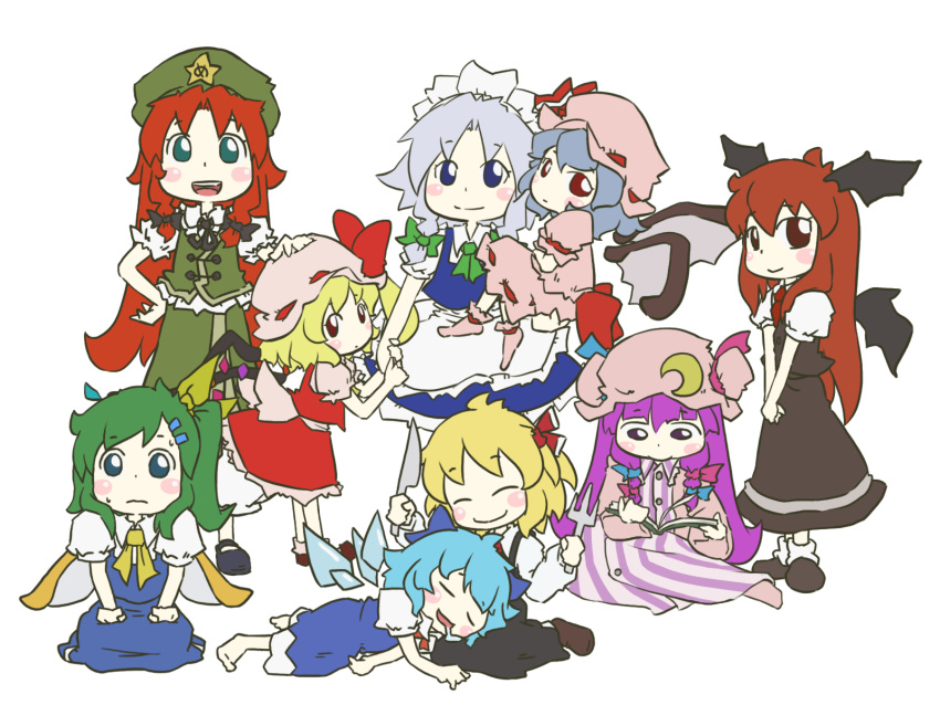 :&gt; :d =_= ^_^ apron arm_grab ascot barefoot bat_wings blonde_hair blue_dress blue_eyes blue_hair blue_ribbon blush_stickers book bow braid buttons carrying chibi china_dress chinese_clothes cirno closed_eyes crescent daiyousei detached_wings dress drooling everyone fairy_wings flandre_scarlet fork green_eyes green_hair hair_bow hair_ornament hairclip hand_on_hat hand_on_hip happy hat hat_ribbon head_wings highres hong_meiling izayoi_sakuya kneeling knife koakuma large_bow long_hair lying maid maid_headdress mary_janes multiple_girls necktie nervous open_book open_mouth patchouli_knowledge payot peconica petting pink_dress purple_dress purple_eyes purple_hair reading red_dress red_eyes red_hair red_ribbon remilia_scarlet ribbon rumia saliva shoes short_hair side_ponytail silver_hair sitting skirt skirt_set sleeping smile star striped striped_dress the_embodiment_of_scarlet_devil touhou twin_braids v_arms vertical_stripes vest waist_apron wings yellow_ribbon youkai