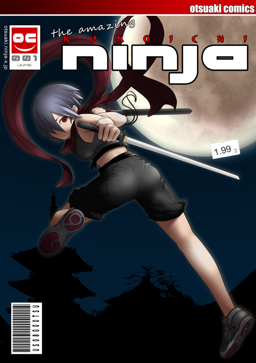 blue_hair cover fake_cover hair_over_one_eye highres looking_back midriff moon night ninja original otsuaki pagoda red_eyes scabbard scarf sheath shoes short_hair shorts silhouette sneakers solo sword tree weapon