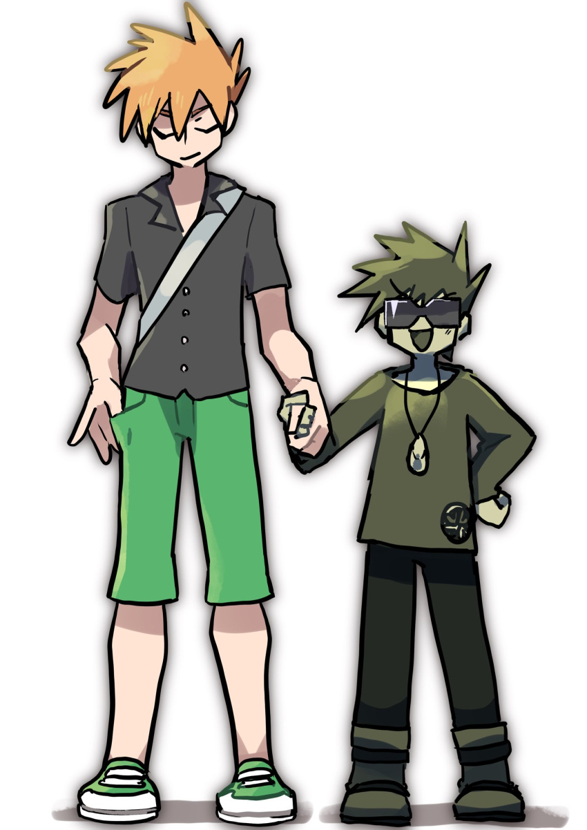 2boys age_progression black_shirt blue_oak boots closed_eyes collared_shirt commentary_request full_body green_footwear green_pants hand_in_pocket hand_on_own_hip highres holding_hands in-franchise_crossover jewelry light_smile male_focus multiple_boys necklace open_mouth orange_hair pants pendant pokefia pokemon pokemon_rgby pokemon_sm shadow shirt shoes short_hair short_sleeves shoulder_strap simple_background smile spiky_hair sunglasses white_background