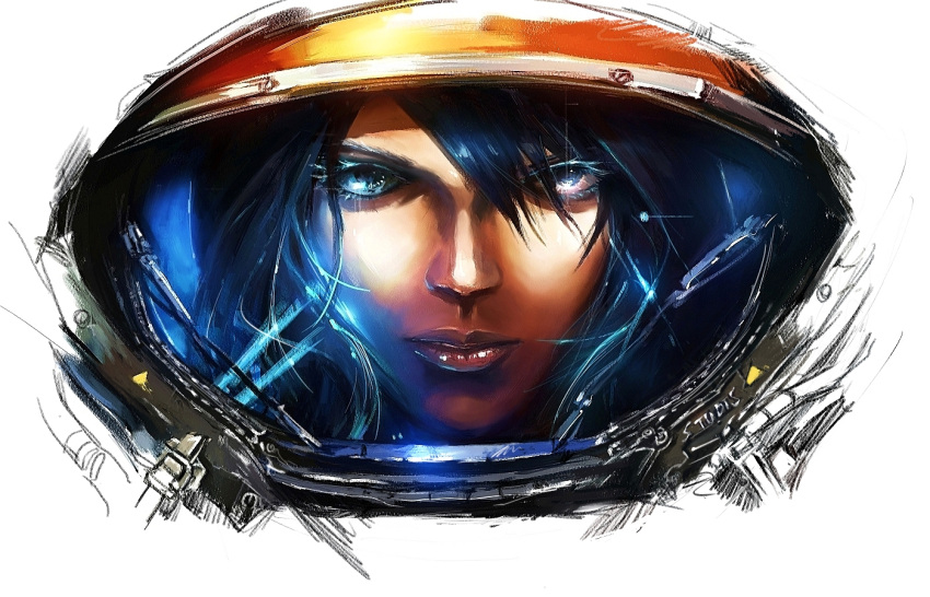 astronaut black_hair blue_eyes crossover ghost_in_the_shell helmet kusanagi_motoko lips portrait power_suit realistic science_fiction solo spacesuit starcraft starcraft_2:_wings_of_liberty stu_dts terran_marine