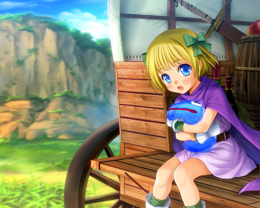 bianca's_daughter bianca's_daughter blonde_hair blue_eyes blush boots bow cape child dragon_quest dragon_quest_v gloves hair_bow hug mutsuki_(moonknives) open_mouth short_hair sitting slime wagon wheel