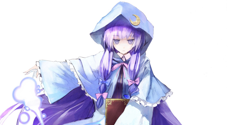 alternate_costume banpai_akira book brooch capelet crescent crescent_moon expressionless flat_gaze frilled_sleeves frills hood jewelry koumajou_densetsu koumajou_densetsu_1 koumajou_densetsu_2 moon outstretched_arm patchouli_knowledge purple_eyes solo touhou violet_eyes wide_sleeves