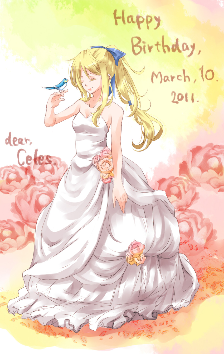 bare_shoulders bird bird_on_hand blonde_hair blue_ribbon bow celes_chere character_name closed_eyes dress eyes_closed female final_fantasy final_fantasy_vi flower ginshachi hair_bow happy_birthday high_ponytail highres long_hair mossari_(pixiv1286047) multicolored_rose pink_rose ponytail ribbon rose smile solo yellow_rose
