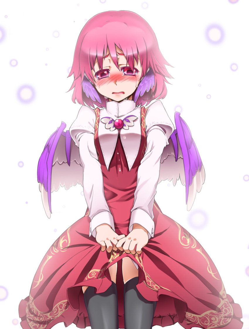 animal_ears black_legwear blush dress dress_lift haruichi head_wings highres mystia_lorelei pink_eyes pink_hair short_hair skirt_grab solo tears thigh-highs thighhighs touhou wings