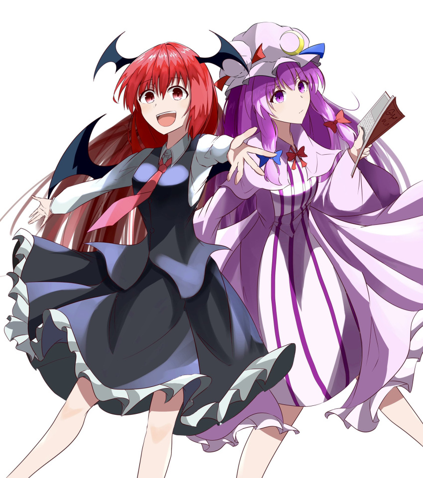 2girls :/ \||/ bangs black_skirt black_vest blue_bow blush book bow commentary_request crescent crescent_hat_ornament demon_wings dress eyebrows_visible_through_hair frilled_skirt frills hair_bow hat hat_ornament head_wings highres holding holding_book koakuma long_hair long_sleeves looking_at_viewer medium_hair mob_cap multiple_girls necktie open_mouth outstretched_arm patchouli_knowledge po_(anhk5528) purple_hair red_bow red_eyes red_neckwear redhead sidelocks simple_background skirt standing striped striped_dress touhou vest violet_eyes white_background wings