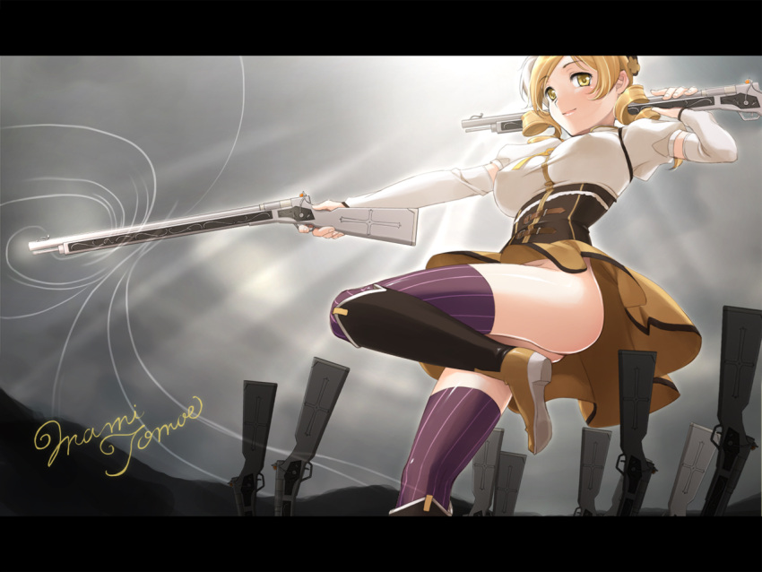 backlighting beret blonde_hair boots breasts brown_legwear corset detached_sleeves drill_hair dual_wielding erect_nipples field_of_blades fingerless_gloves gloves gun hair_ornament hairpin hat large_breasts legs letterboxed long_legs magical_girl magical_musket mahou_shoujo_madoka_magica minyon pleated_skirt puffy_sleeves ribbon rifle shiny shiny_skin skirt sunbeam sunlight thigh-highs thighhighs thighs tomoe_mami twin_drills vertical-striped_legwear vertical_stripes weapon yellow_eyes
