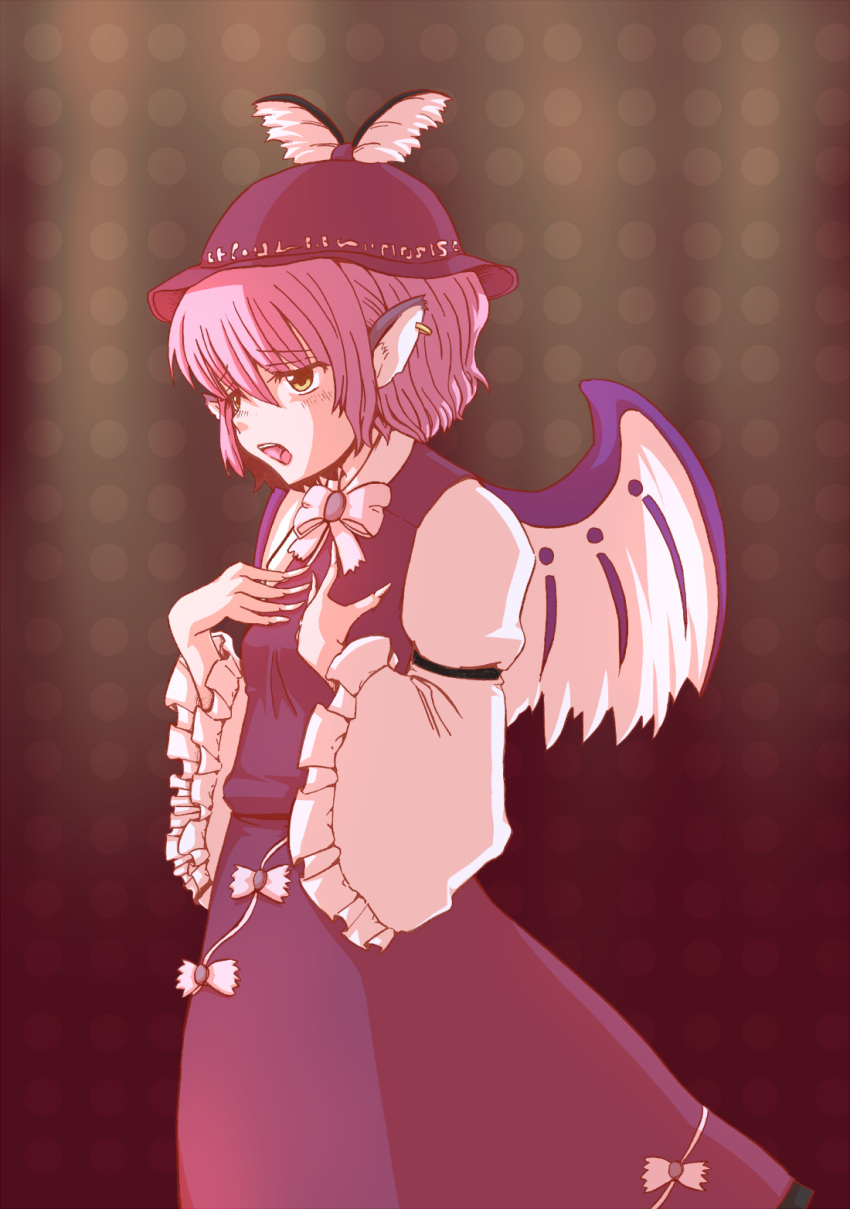 earrings fingernails hands_on_own_chest hands_to_chest hat highres jewelry kagetourou long_fingernails mystia_lorelei pink_hair short_hair singing solo touhou wings yellow_eyes