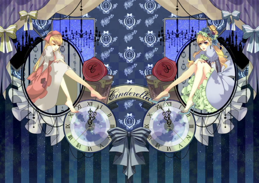 2girls barefoot blonde_hair blue_rose book bow bows cinderella cinderella_(grimm) clock dress dual_persona fairy_tale flower hair_flower hair_ornament hal_(suck_it) long_hair multiple_girls rose sitting