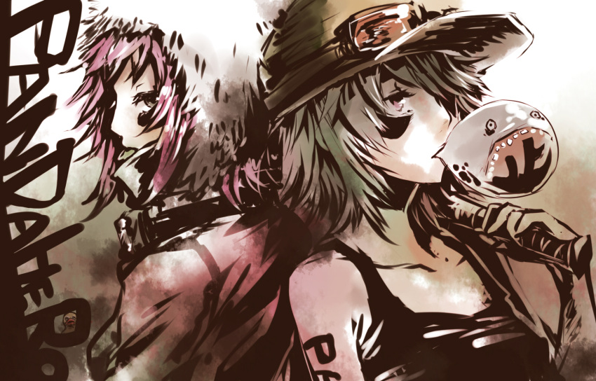 2girls artist_request back_to_back bare_shoulders baseball_bat baseball_cap bat bubblegum dual_persona duck goggles goggles_on_head green_eyes green_hair gumi hair_over_one_eye hat hood looking_back panda_hero_(vocaloid) pink_eyes pink_hair source_request vocaloid