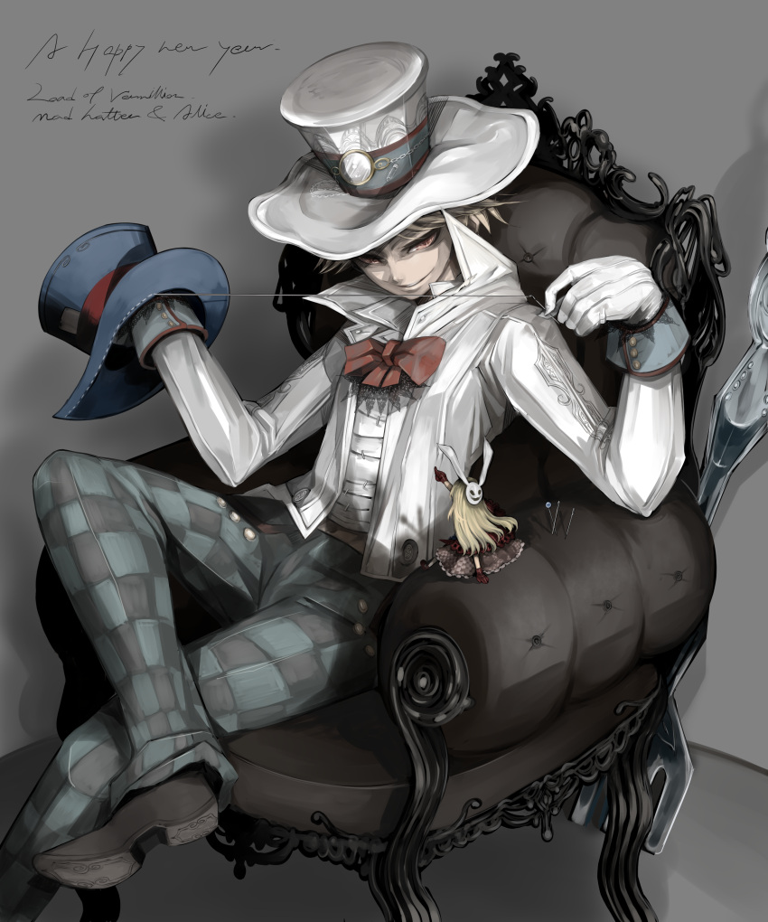 absurdres alice_(lord_of_vermilion) alice_(lord_of_vermlion) blonde_hair bowtie crossed_legs hat highres legs_crossed lord_of_vermilion mad_hatter_(lord_of_vermilion) male mega5155214x minigirl needle new_year red_eyes sewing short_hair sitting solo thread top_hat typo