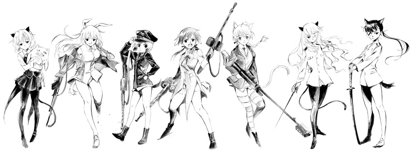 adjusting_hat agahari animal_ears black_legwear braid bunny_ears cat_ears charlotte_e_yeager cross dual_wielding erica_hartmann eyepatch gertrud_barkhorn glasses gun hand_on_hip hat highres hips katana legs long_hair lynette_bishop machine_gun military military_uniform monochrome multicolored_hair multiple_girls necktie panties pantyhose perrine_h_clostermann ponytail rapier sakamoto_mio sanya_v_litvyak short_hair single_braid smile strike_witches stuffed_animal stuffed_toy sword tail twintails underwear uniform wavy_hair weapon wink