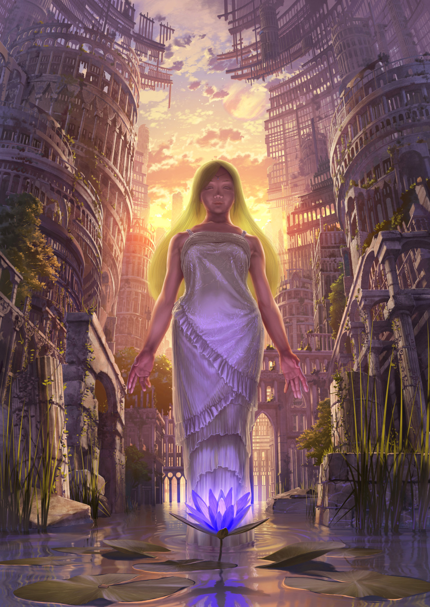 architecture bare_shoulders circlet dress earrings flower glowing hands highres jewelry lily_pad lips long_hair lotus megastructure original overgrown pixiv_festa realistic reflection reigokoro reishin_(tenpurasoba) ripples ruins scenery solo standing stare sunset wading
