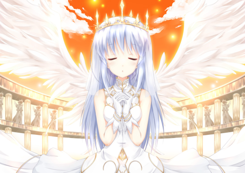 angel_wings bare_shoulders blush cloud clouds crown dress fujimoto_akio gloves hands_clasped highres saint_irene silver_hair sky sleeveless sleeveless_dress solo wings