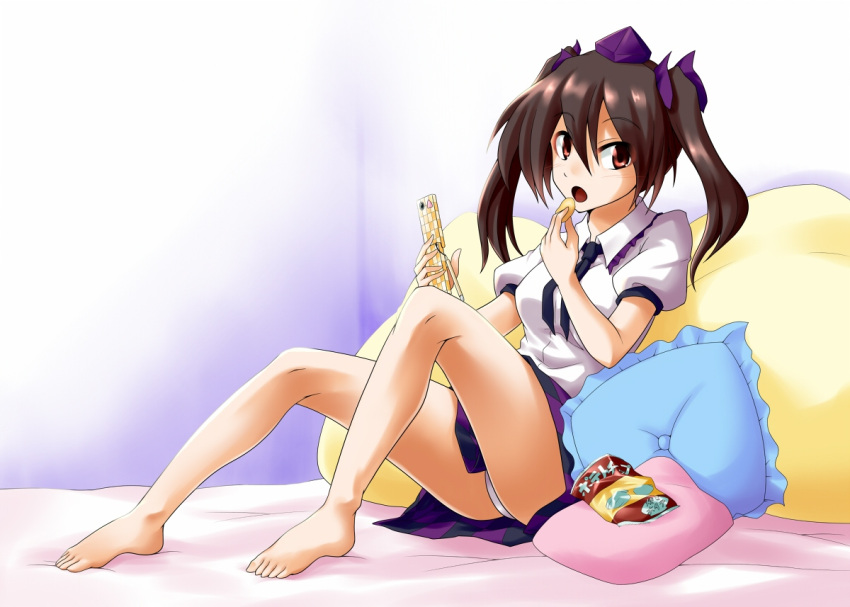 artist_request bare_legs barefoot bed brown_eyes brown_hair cellphone checkered checkered_skirt eating himekaidou_hatate legs panties pantyshot pantyshot_(sitting) pantyshot_sitting phone sitting skirt solo touhou twintails underwear white_panties