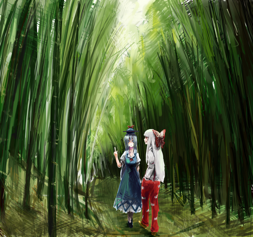 bamboo fujiwara_no_mokou hand_in_pocket highres kamishirasawa_keine multiple_girls nature pointing scenery touhou vellion00 walking